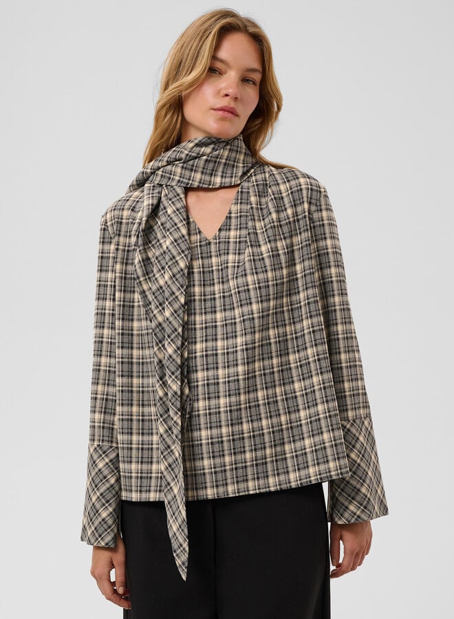 Blouse Soaked Shiba à col V & foulard à carreaux gris, noirs & beiges