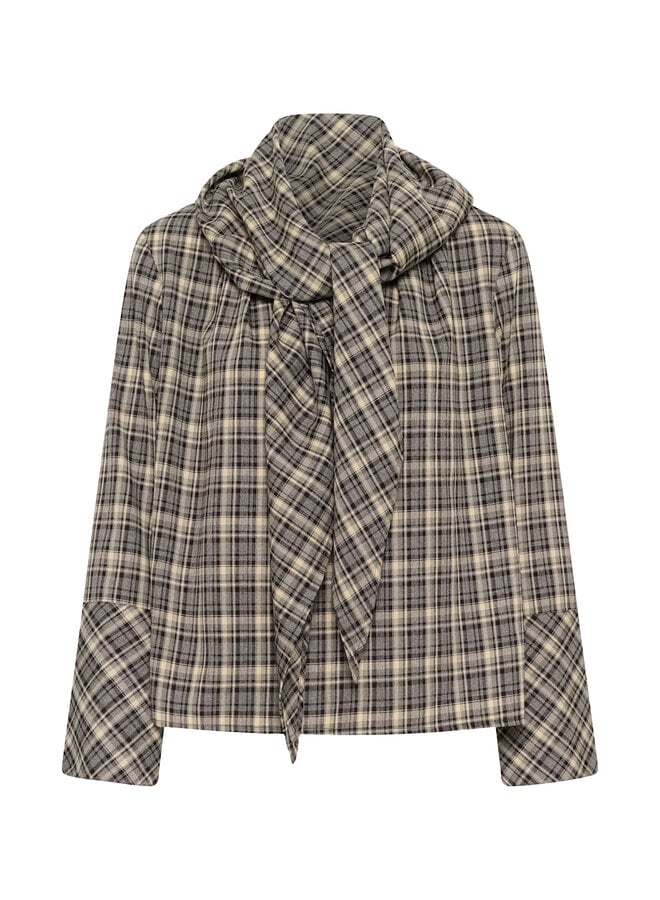 Blouse Soaked Shiba à col V & foulard à carreaux gris, noirs & beiges