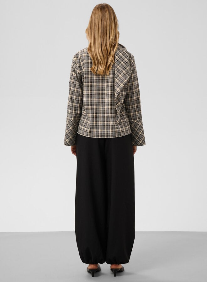 Blouse Soaked Shiba à col V & foulard à carreaux gris, noirs & beiges