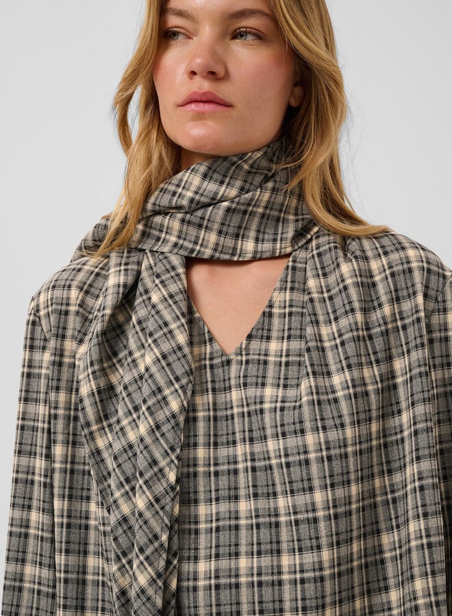 Blouse Soaked Shiba à col V & foulard à carreaux gris, noirs & beiges