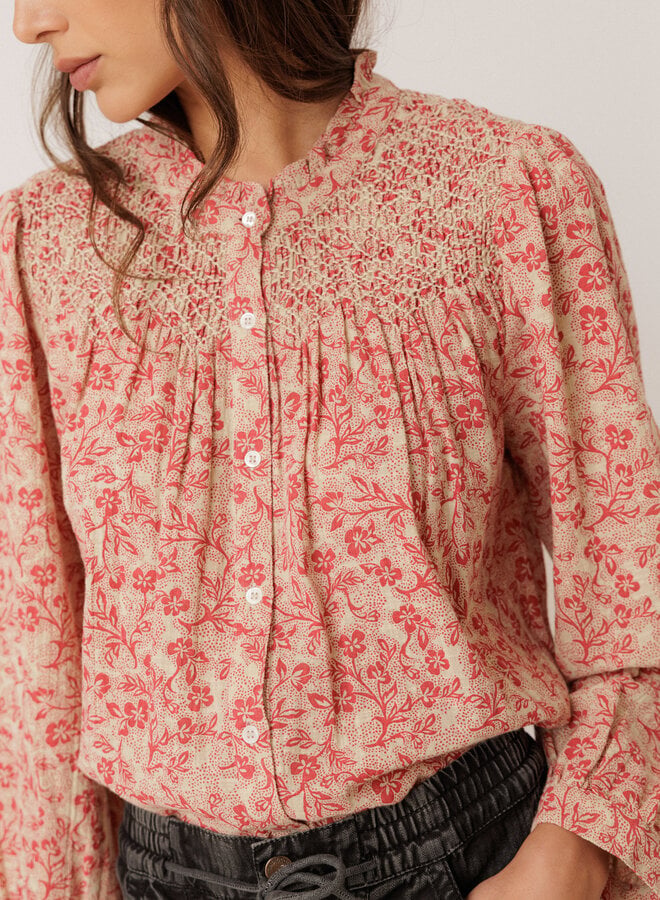 Blouse Indi & Cold fleurie rose corail & écrue