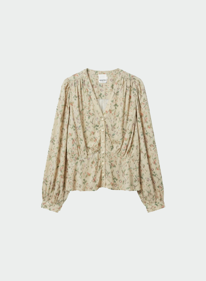 Blouse Indi & Cold écrue fleurie vert safari & rose corail