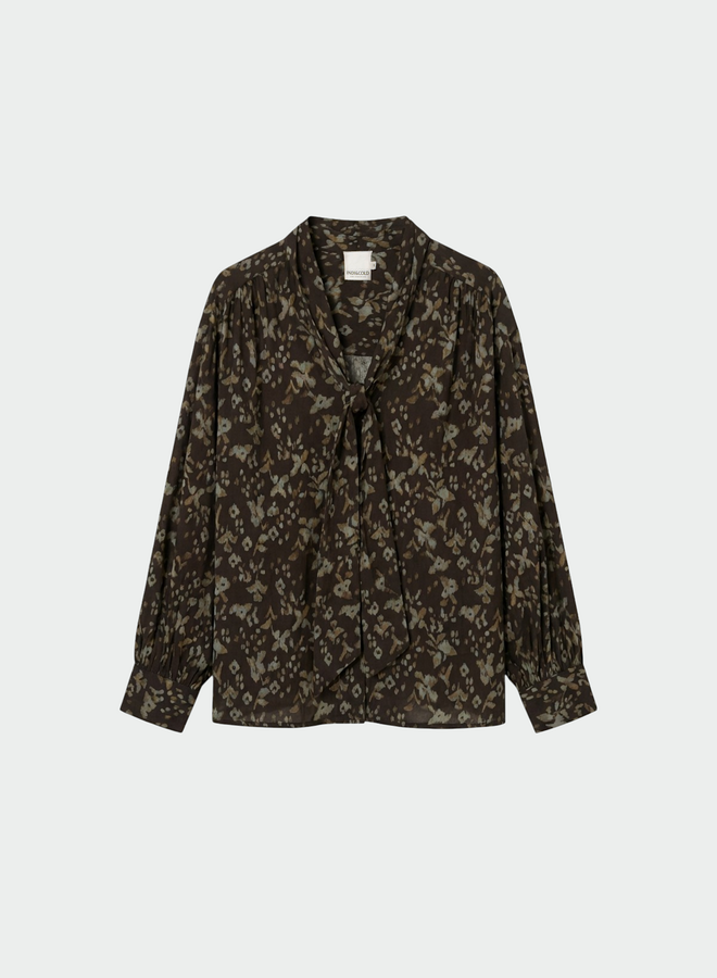Blouse Indi & Cold à col V à foulard gris anthracite imprimée vert safari & bleue