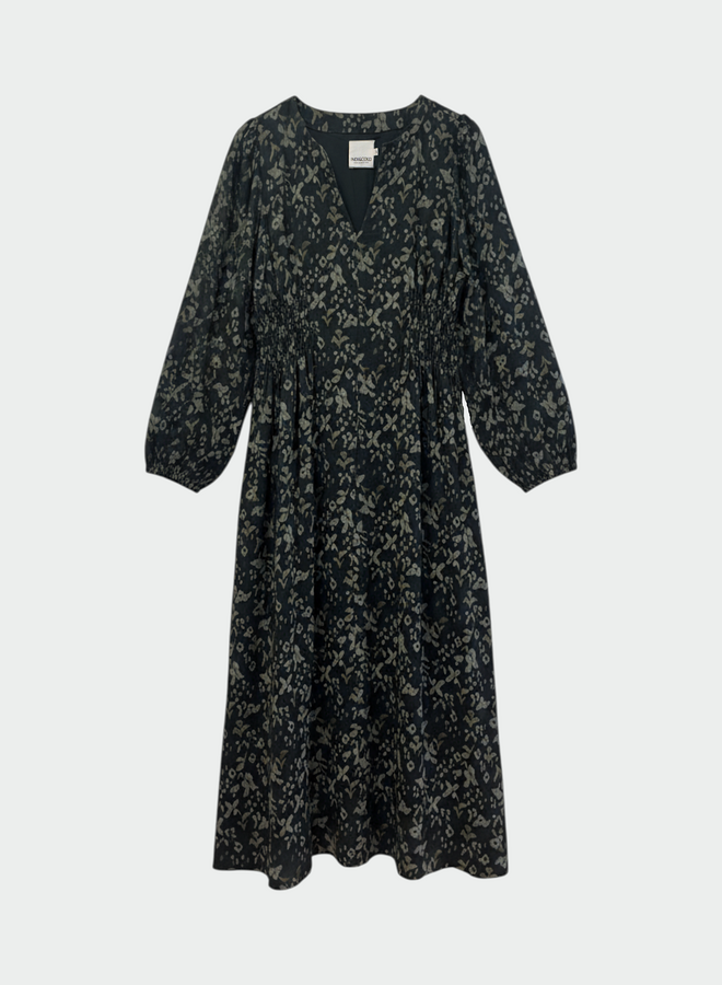 Robe longue Indi & Cold gris anthracite imprimée vert safari & bleue