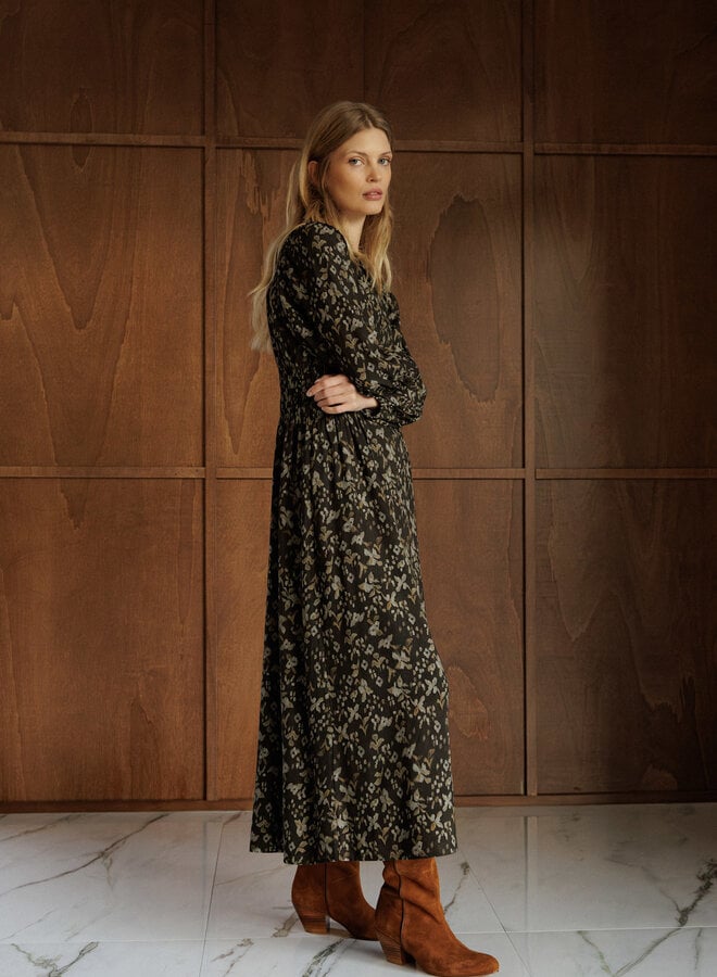 Robe longue Indi & Cold gris anthracite imprimée vert safari & bleue