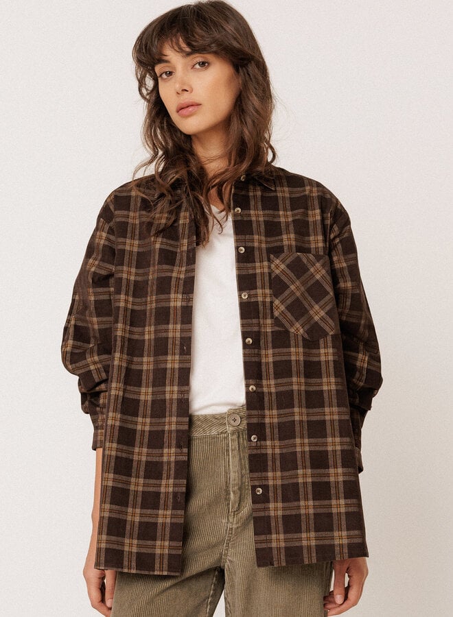 Chemise Indi & Cold en corduroy brune à carreaux écrus & beige camel