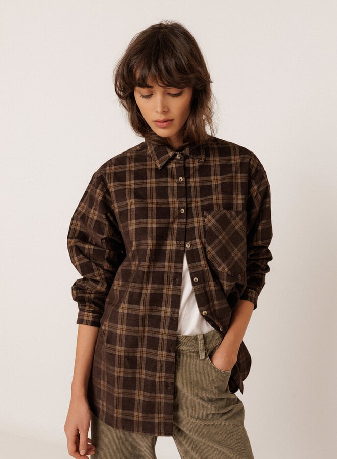 Chemise Indi & Cold en corduroy brune à carreaux écrus & beige camel