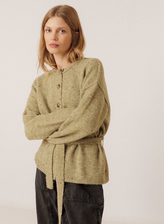 Cardigan Indi & Cold à col rond boutonné & ceinturé vert safari