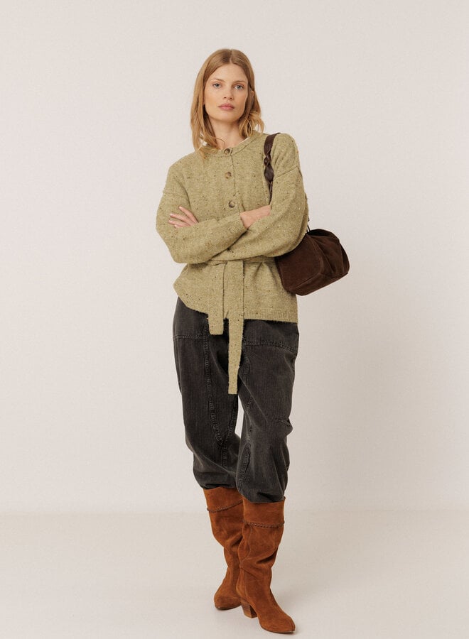 Cardigan Indi & Cold à col rond boutonné & ceinturé vert safari