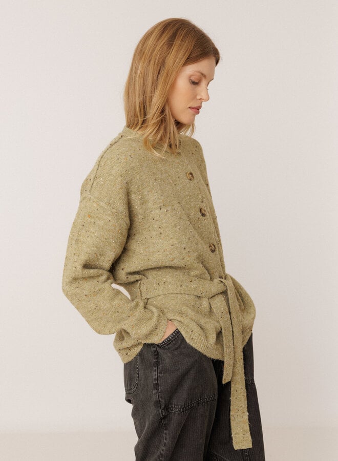 Cardigan Indi & Cold à col rond boutonné & ceinturé vert safari