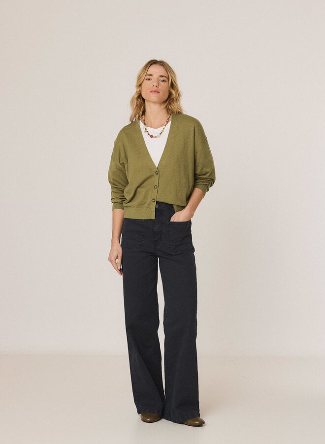 Cardigan Indi & Cold à col V boutonné vert safari