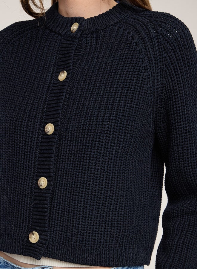 Cardigan Velvet Lisabeth à col rond boutonné côtelé bleu marine