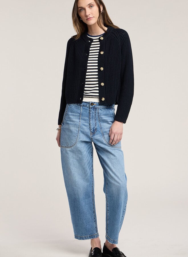 Cardigan Velvet Lisabeth à col rond boutonné côtelé bleu marine