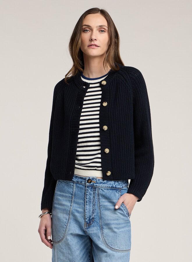 Cardigan Velvet Lisabeth à col rond boutonné côtelé bleu marine