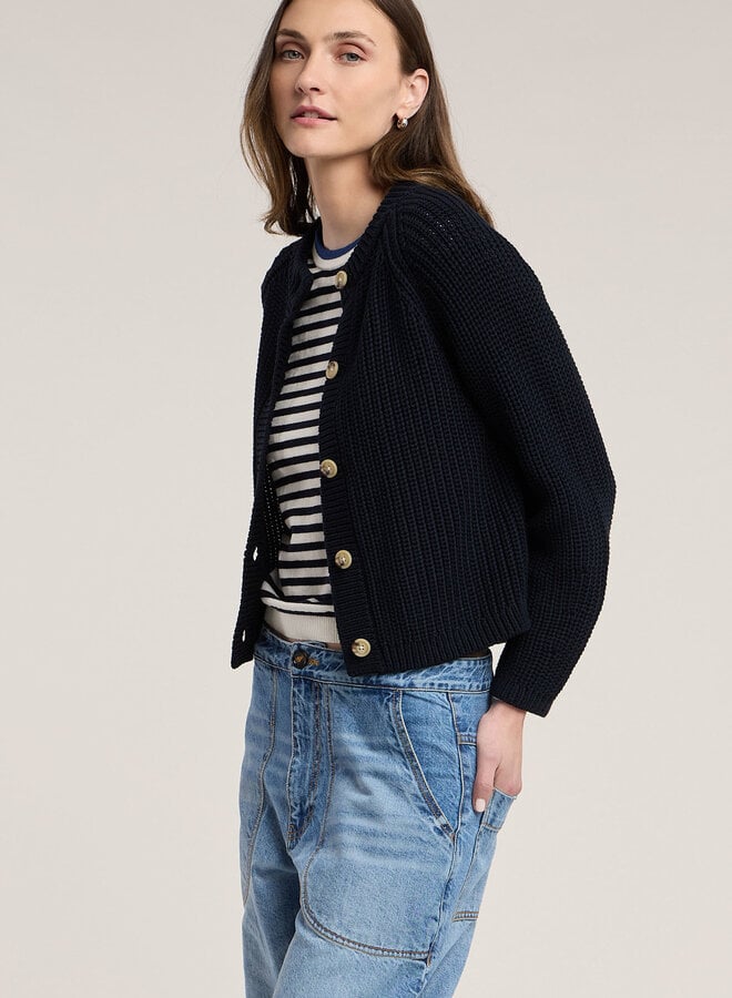Cardigan Velvet Lisabeth à col rond boutonné côtelé bleu marine