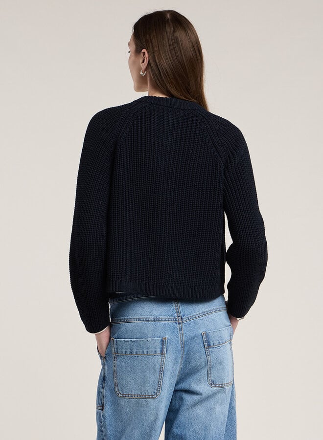 Cardigan Velvet Lisabeth à col rond boutonné côtelé bleu marine