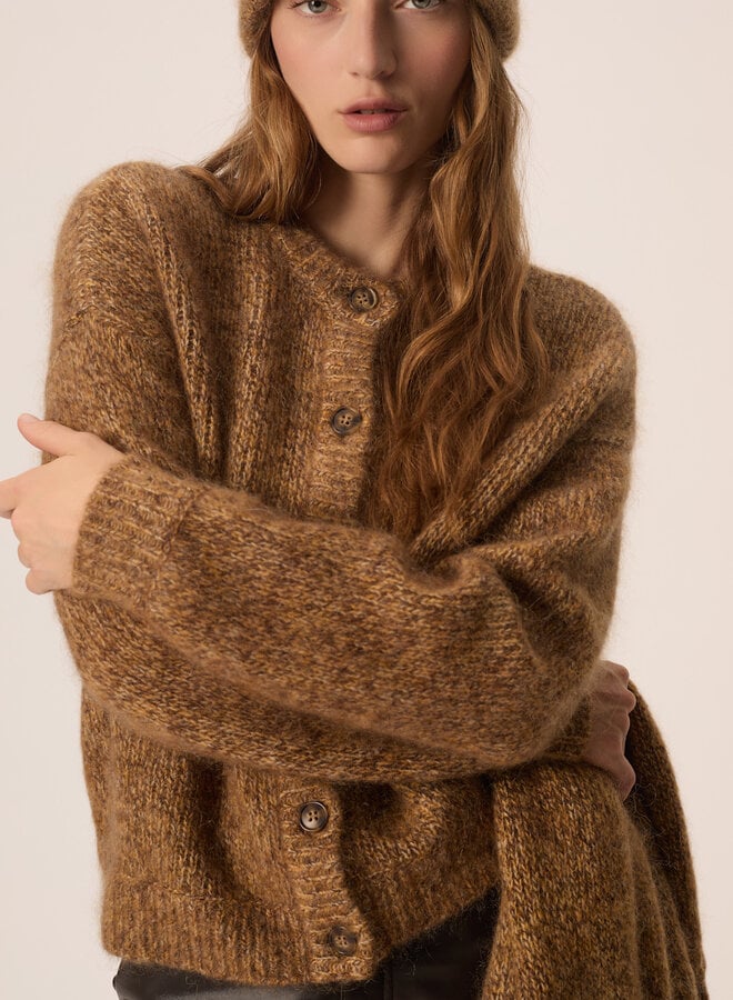 Cardigan Des Petits Hauts Ambre à col rond boutonné brun bois mélange