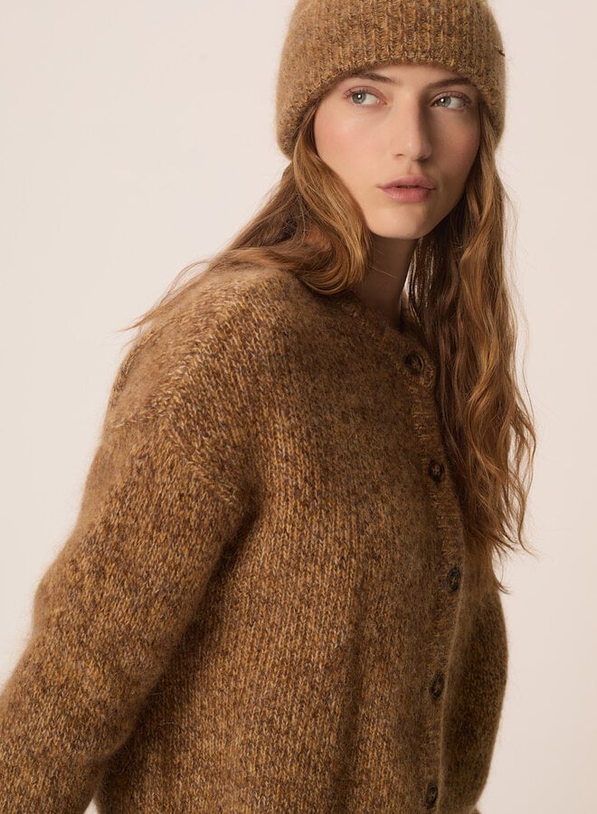 Cardigan Des Petits Hauts Ambre à col rond boutonné brun bois mélange