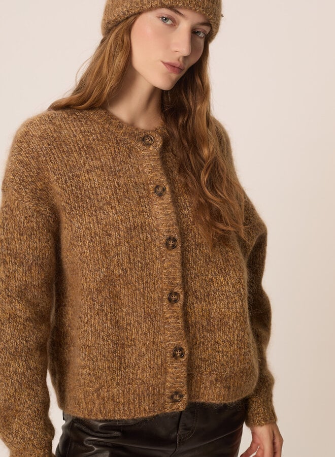 Cardigan Des Petits Hauts Ambre à col rond boutonné brun bois mélange