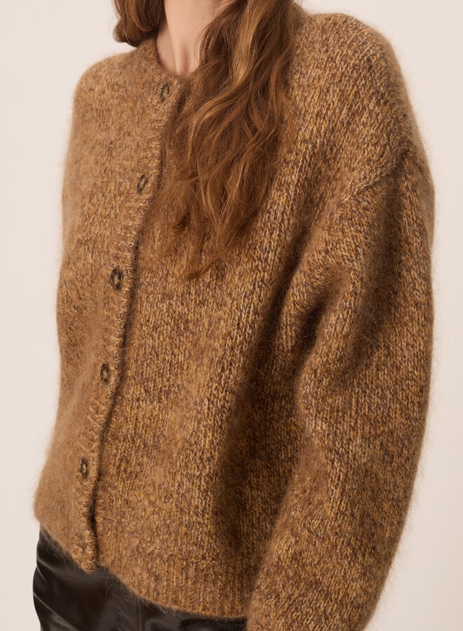 Cardigan Des Petits Hauts Ambre à col rond boutonné brun bois mélange