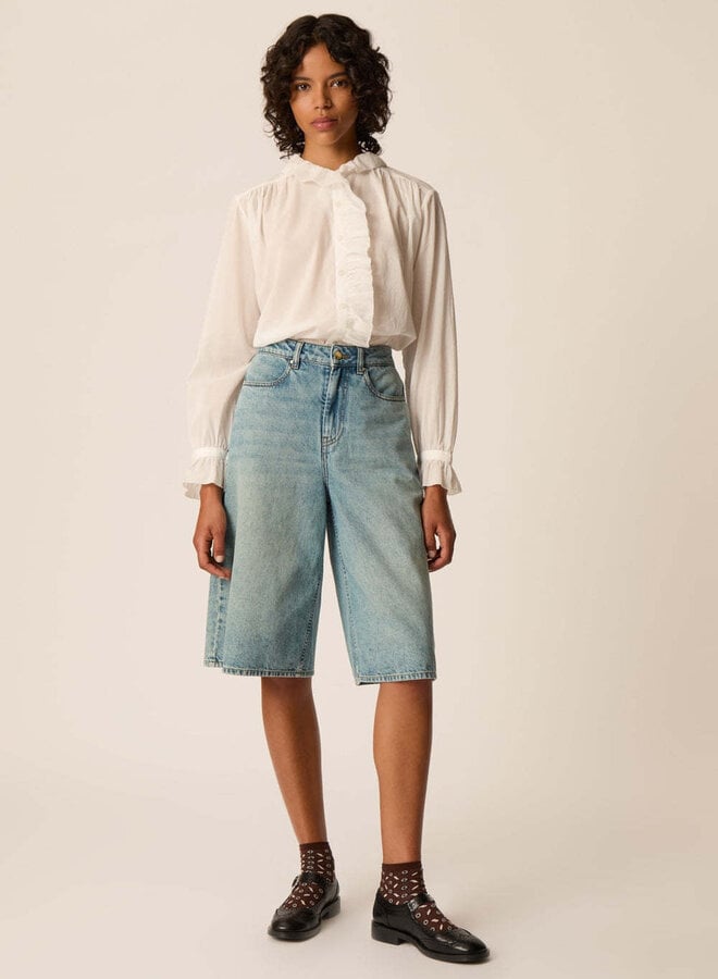 Blouse Des Petits Hauts Tanou à col montant à frison écrue