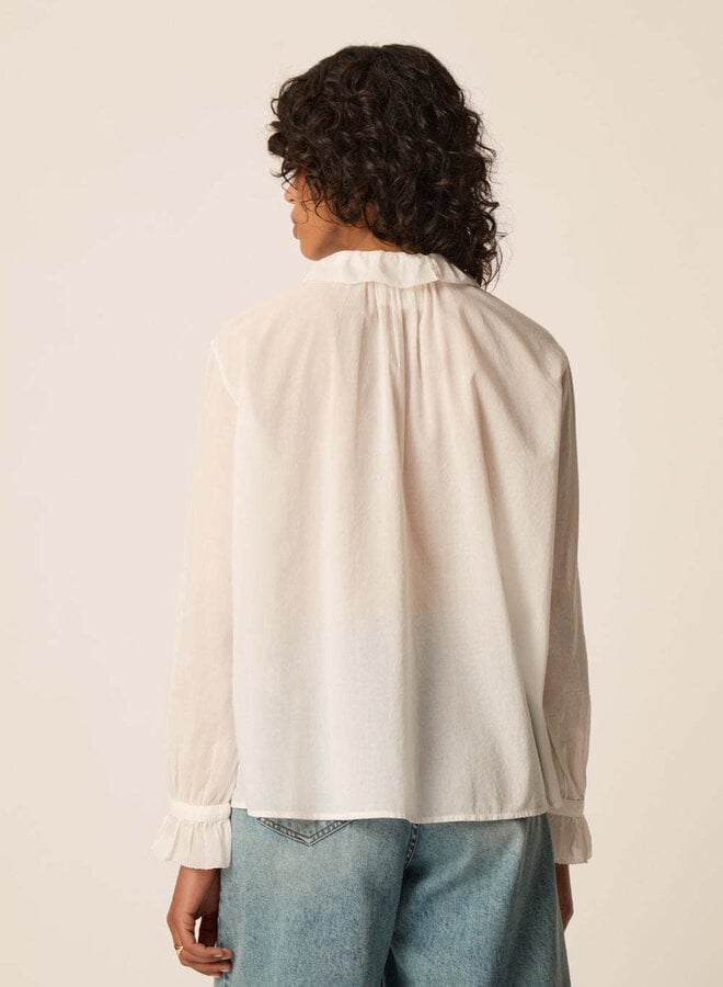 Blouse Des Petits Hauts Tanou à col montant à frison écrue