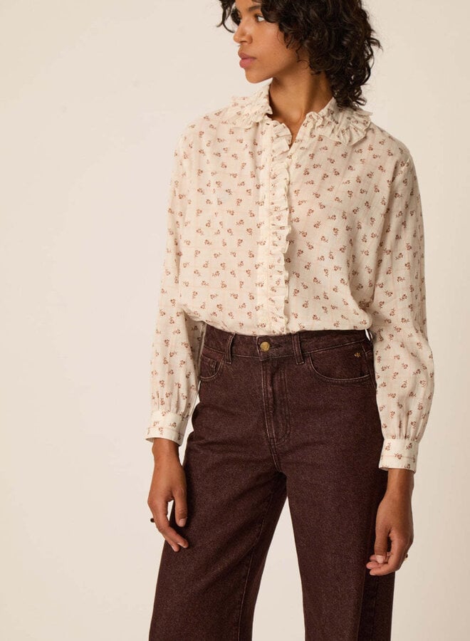 Blouse Des Petits Hauts Rosaline à col classique frisotté fleurie cognac & carreaux roses
