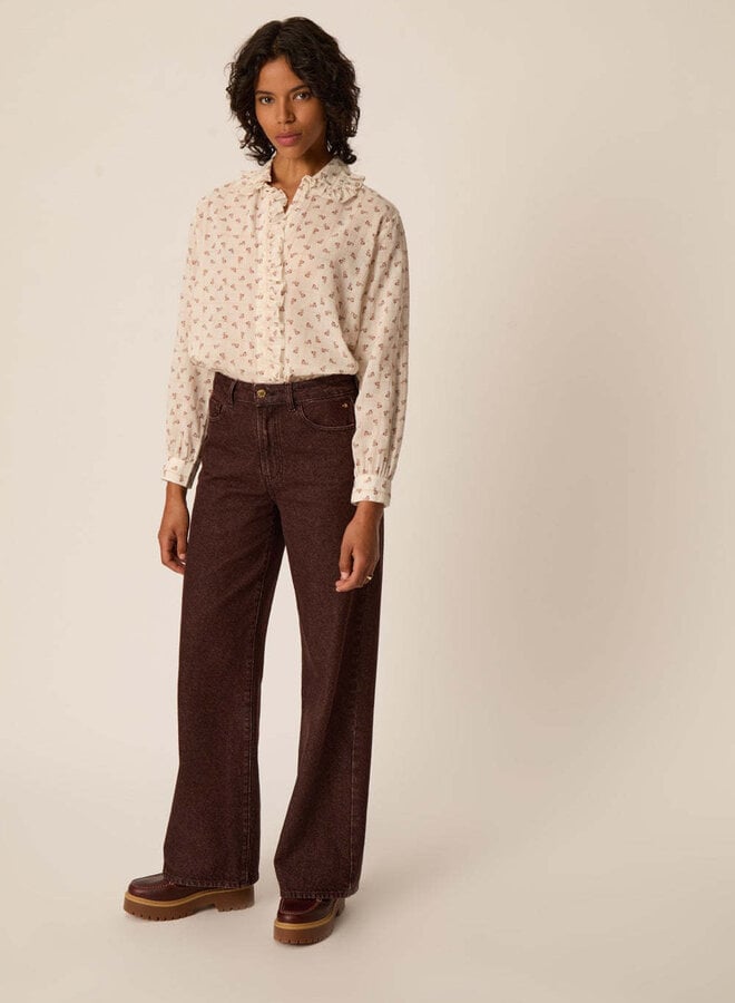 Blouse Des Petits Hauts Rosaline à col classique frisotté fleurie cognac & carreaux roses