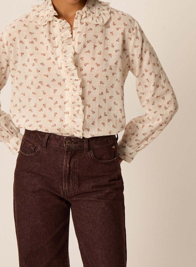 Blouse Des Petits Hauts Rosaline à col classique frisotté fleurie cognac & carreaux roses
