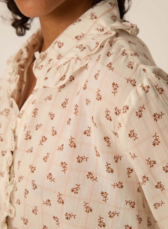 Blouse Des Petits Hauts Rosaline à col classique frisotté fleurie cognac & carreaux roses