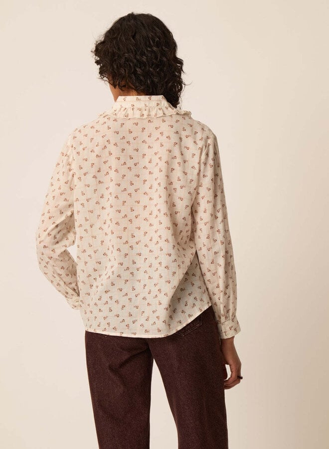 Blouse Des Petits Hauts Rosaline à col classique frisotté fleurie cognac & carreaux roses
