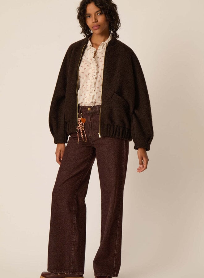 Blouse Des Petits Hauts Rosaline à col classique frisotté fleurie cognac & carreaux roses
