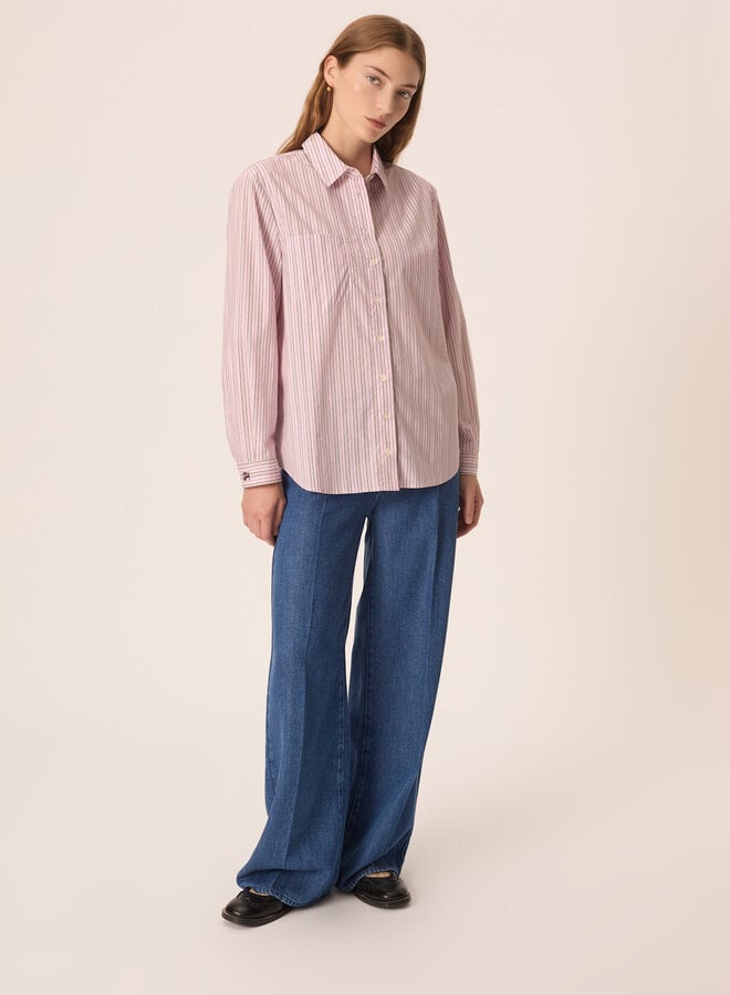 Chemise Des Petits Hauts Eva à col classique rose rayée bleu marine & noisette