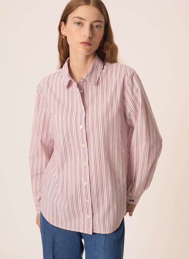 Chemise Des Petits Hauts Eva à col classique rose rayée bleu marine & noisette