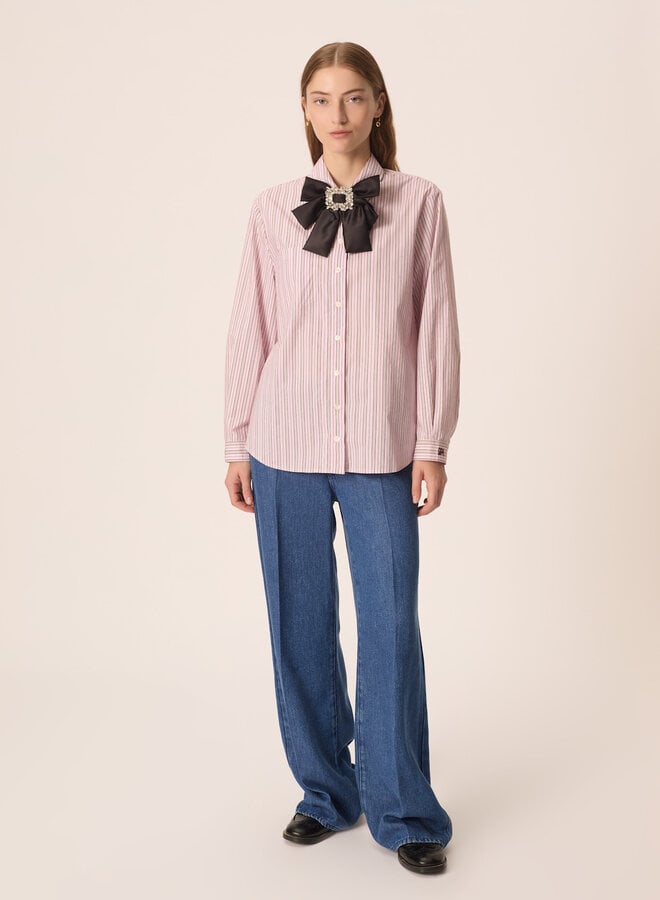 Chemise Des Petits Hauts Eva à col classique rose rayée bleu marine & noisette