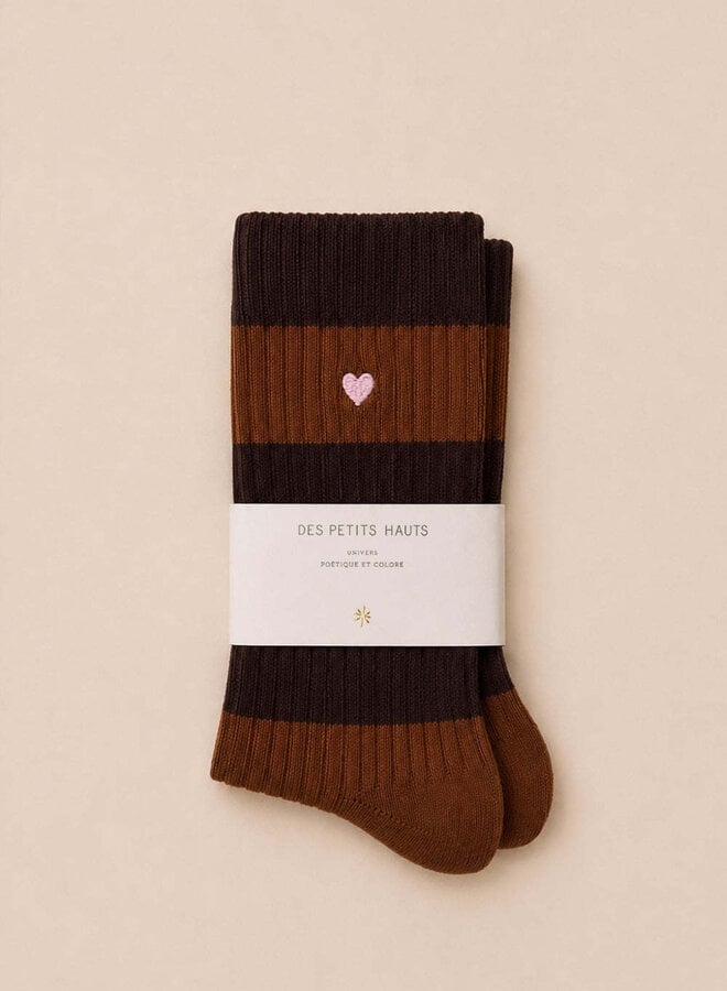 Bas Des Petits Hauts Odette rayés brun ourson & chamois avec coeur