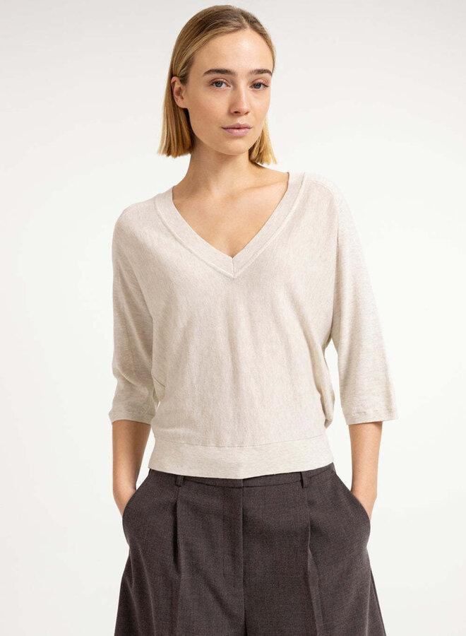 Tricot Yaya à col V & manches 3/4 beige mélange