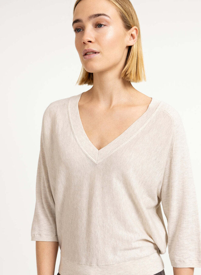 Tricot Yaya à col V & manches 3/4 beige mélange