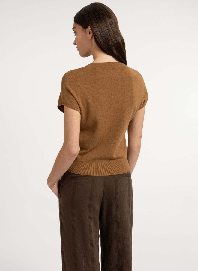 Tricot Yaya à col montant boutonné à manches courtes brun camel mélange