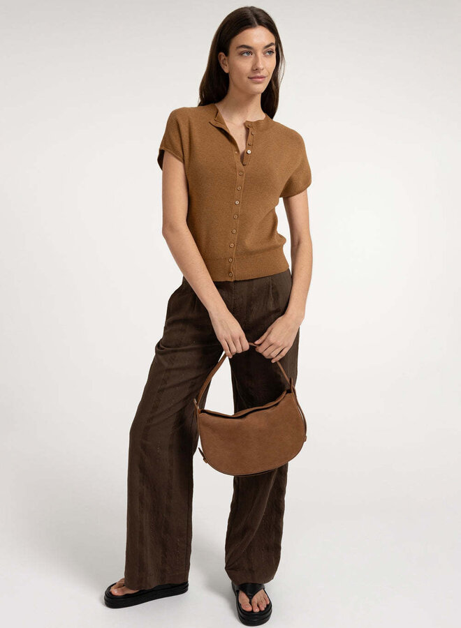 Tricot Yaya à col montant boutonné à manches courtes brun camel mélange