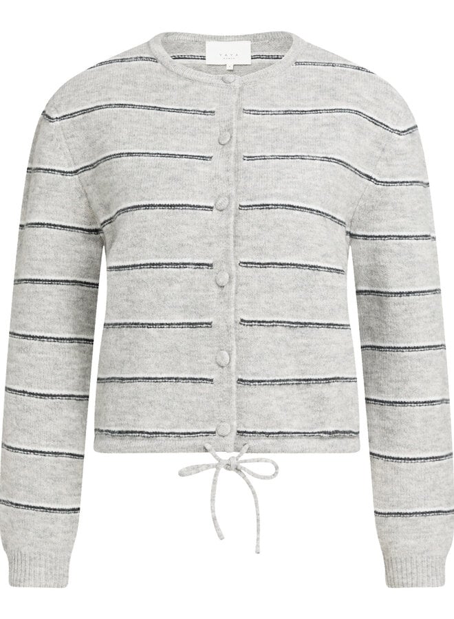 Cardigan Yaya à col rond boutonné gris rayé bleu marine