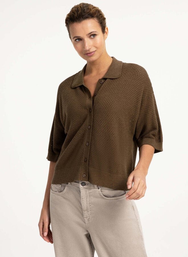 Cardigan Yaya à col classique ajouré brun teak mélange