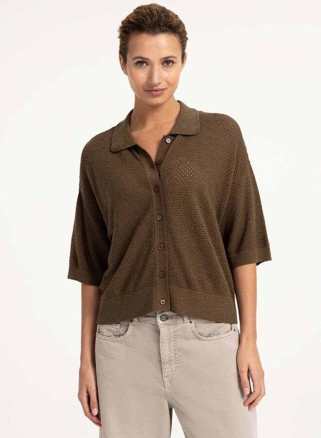 Cardigan Yaya à col classique ajouré brun teak mélange