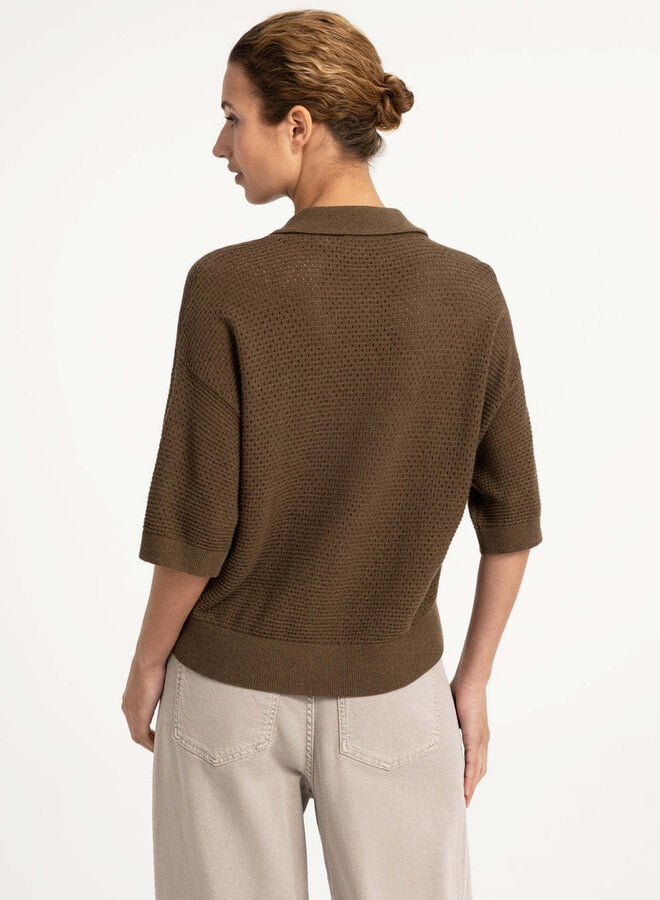 Cardigan Yaya à col classique ajouré brun teak mélange