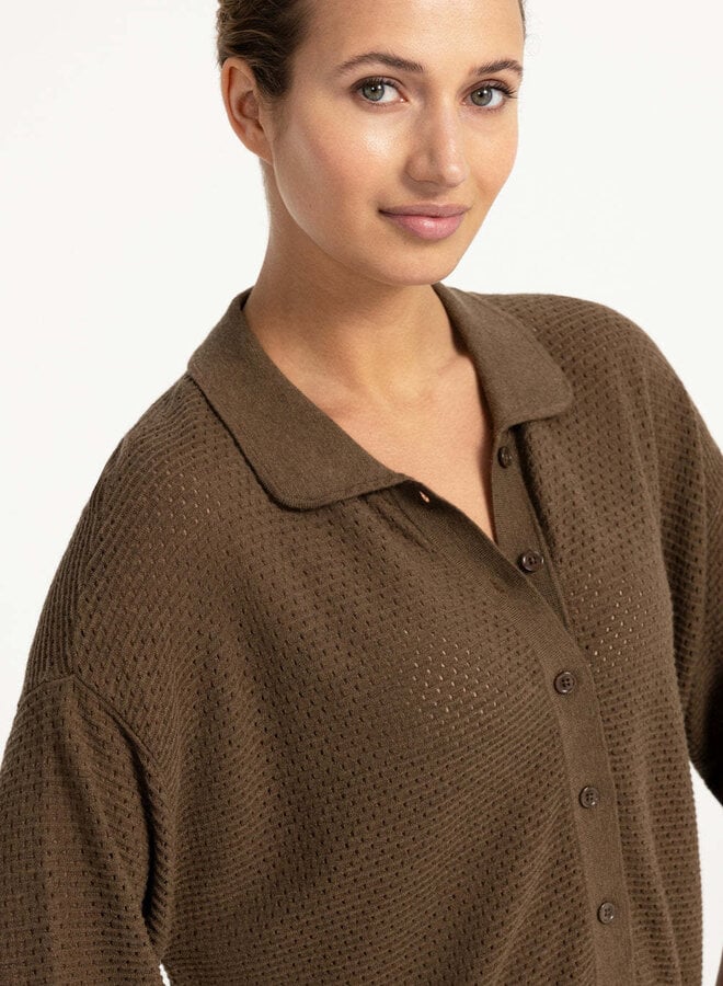 Cardigan Yaya à col classique ajouré brun teak mélange