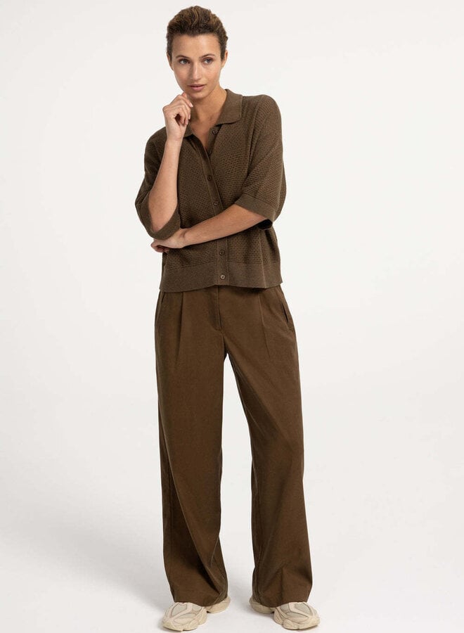 Cardigan Yaya à col classique ajouré brun teak mélange