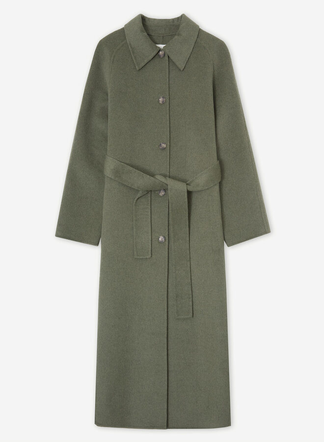 Manteau Yerse Carlotta long ceinturé vert sauge mélange