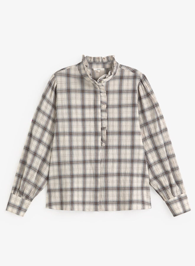 Blouse Yerse Mausi à frison & carreaux bleu ciel & brun chocolat