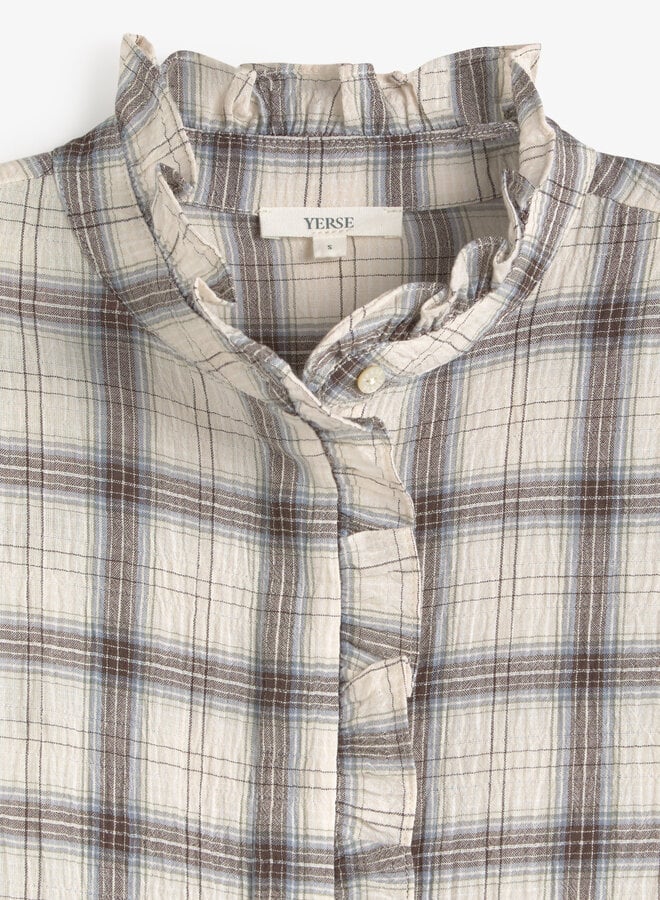 Blouse Yerse Mausi à frison & carreaux bleu ciel & brun chocolat