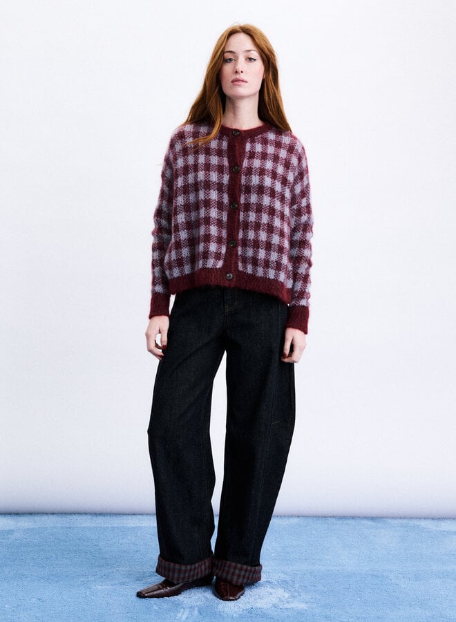 Cardigan Frnch Paris Aomori à carreaux rouge bordeaux & bleu ciel